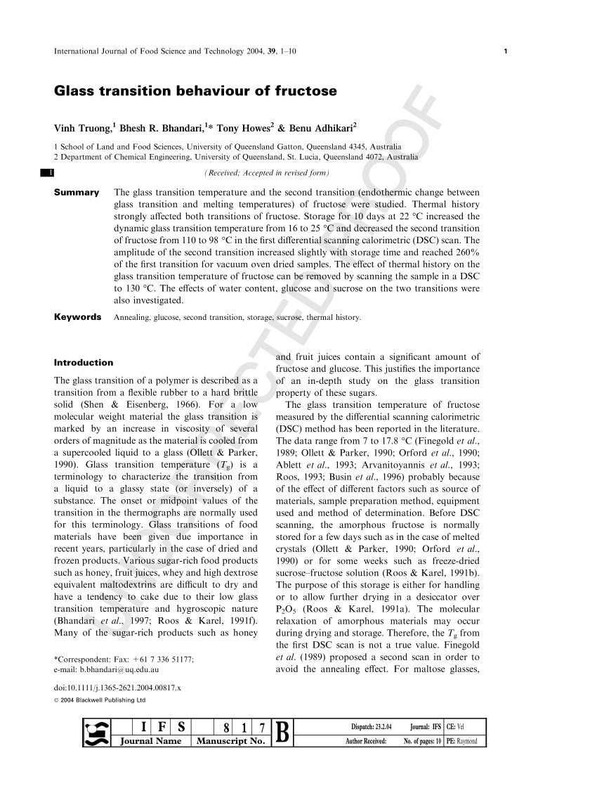 Pdf Glass Transition Behaviour Of Fructose