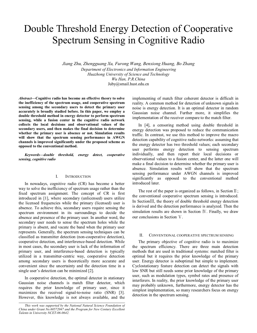 (PDF) Double Threshold Energy Detection of Cooperative Spectrum Sensing