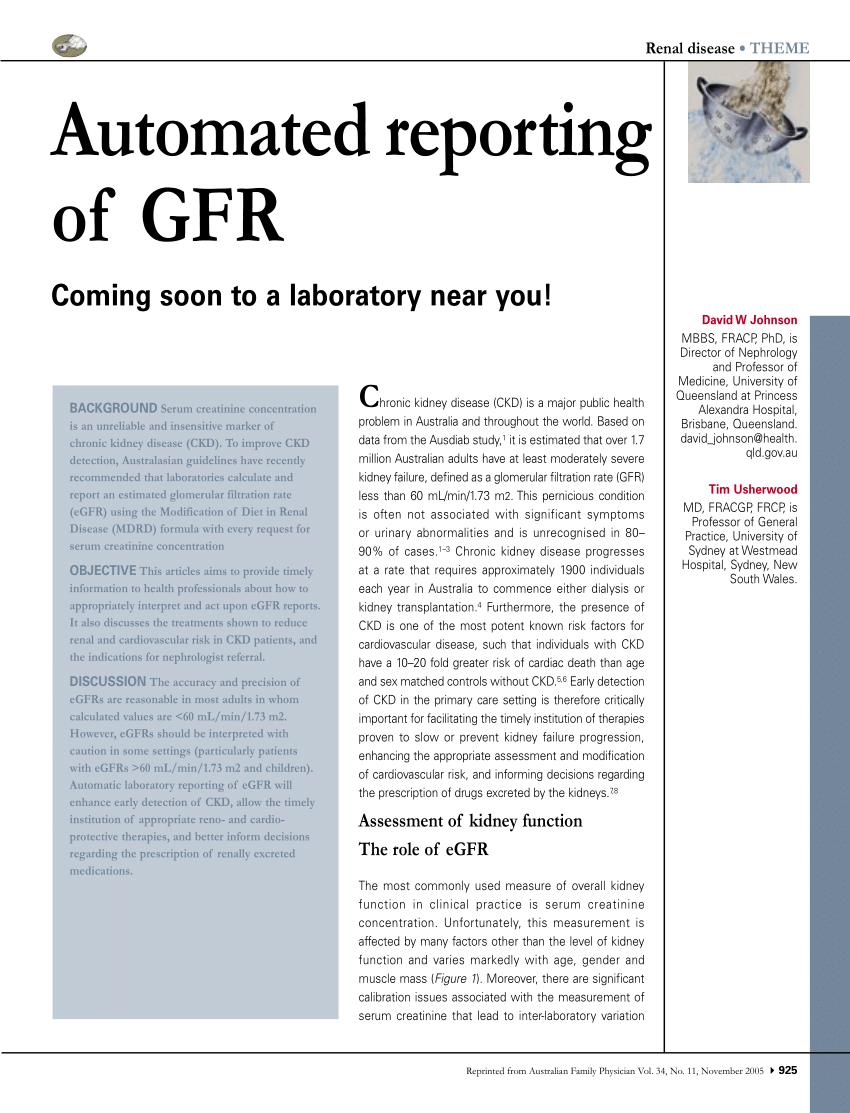 (PDF) Automated reporting of GFR Coming soon to a laboratory near you!