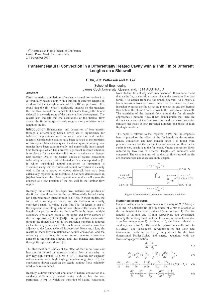 Pdf Transient Natural Convection In A Differentially Heated Cavity With A Thin Fin Of 