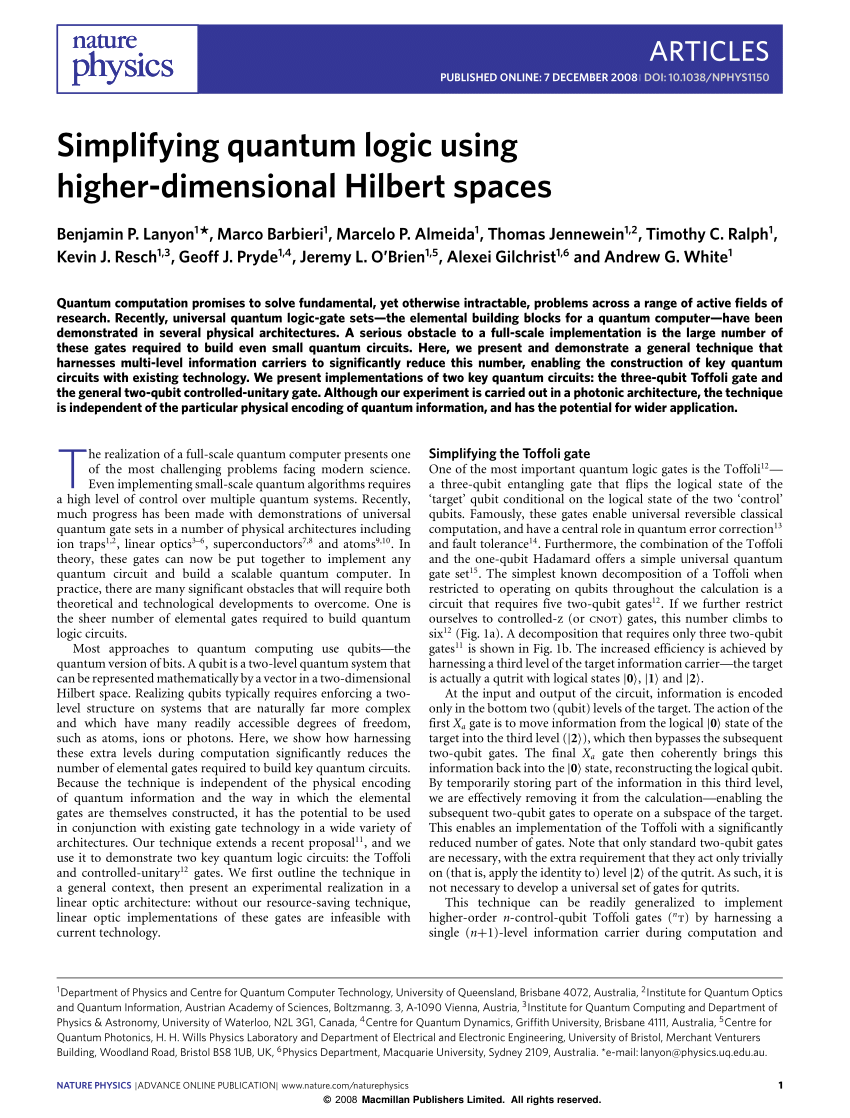 PDF Simplifying Quantum Logic Using Higher Dimensional Hilbert Spaces