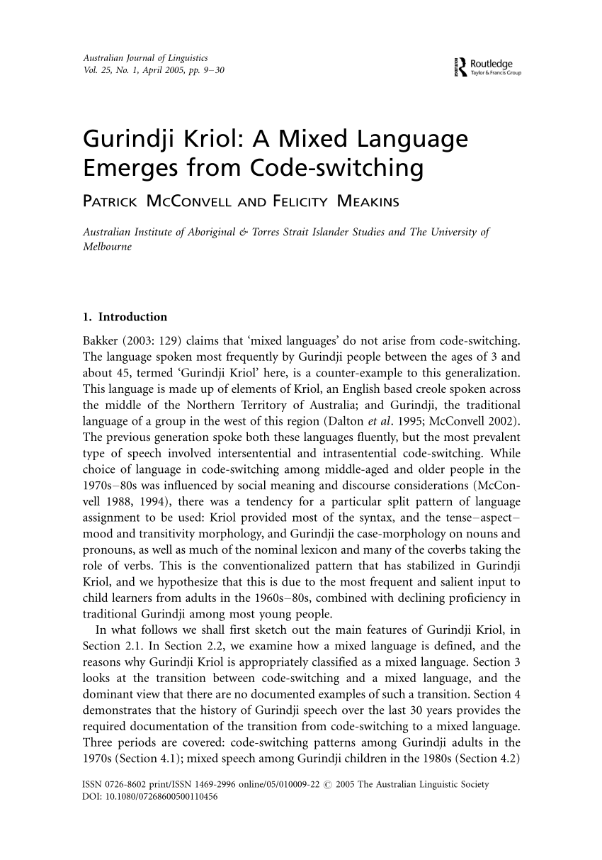 PDF) Gurindji Kriol: Mixed Language Emerges From Code-Switching