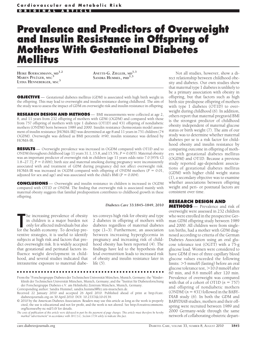 Pdf Prevalence And Predictors Of Overweight And Insulin Resistance In Offspring Of Mothers 1246