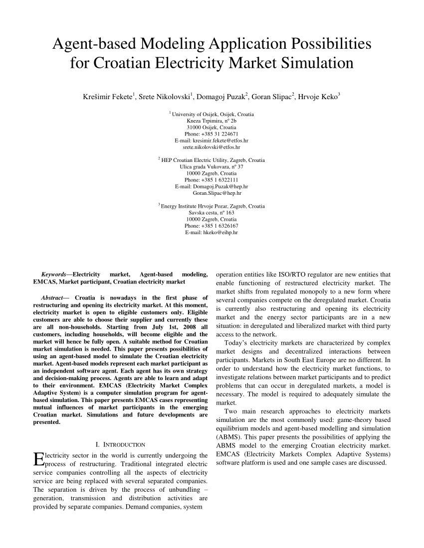 Pdf Agent Based Modelling Application Possibilities For Croatian Electricity Market Simulation