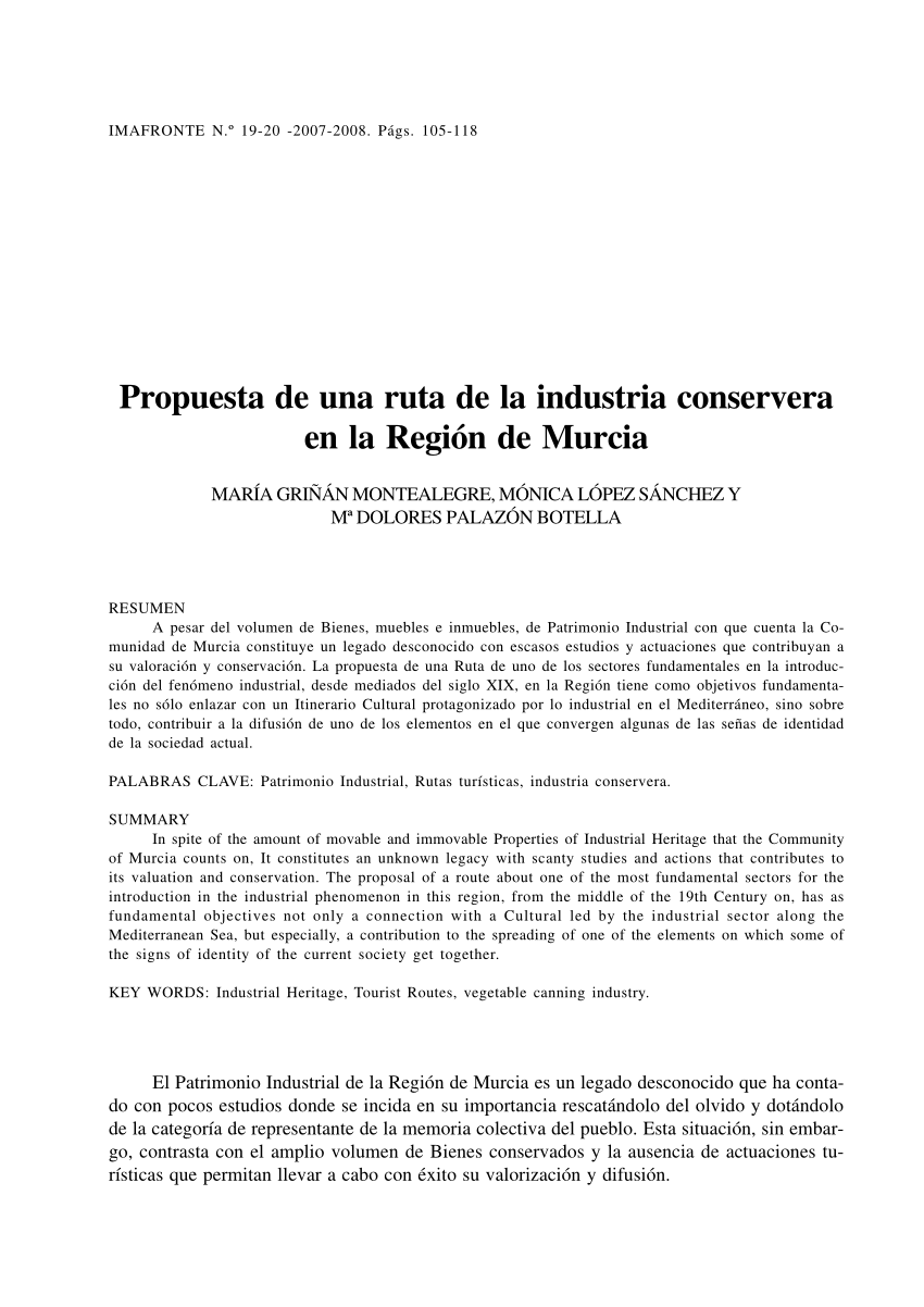 Pdf Propuesta De Una Ruta De La Industria Conservera En La Region De Murcia