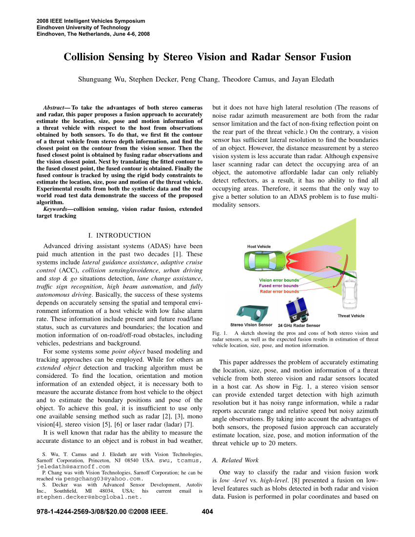 Pdf Collision Sensing By Stereo Vision And Radar Sensor Fusion