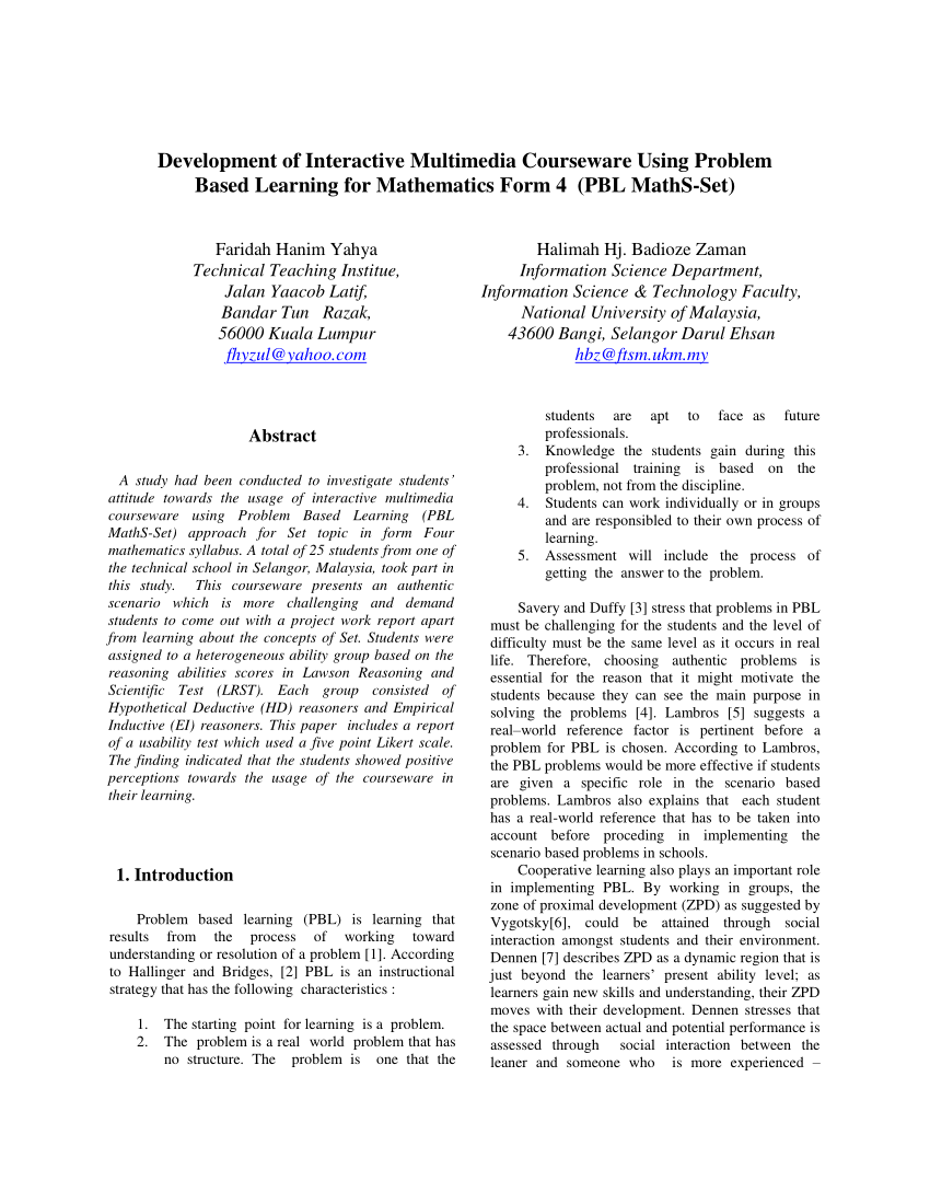 Pdf Development Of Interactive Multimedia Courseware Using Problem Based Learning For Mathematics Form 4 Pbl Maths Set