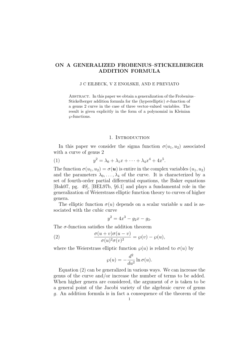 Pdf On A Generalized Frobenius Stickelberger Addition Formula