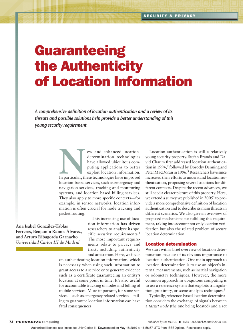 PDF Guaranteeing the Authenticity of Location Information