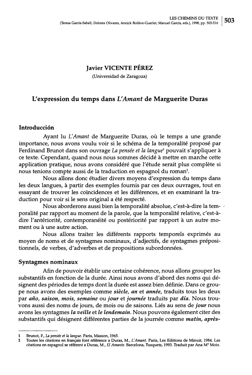 Pdf L Expression Du Temps Dans L Amant De Marguerite Duras