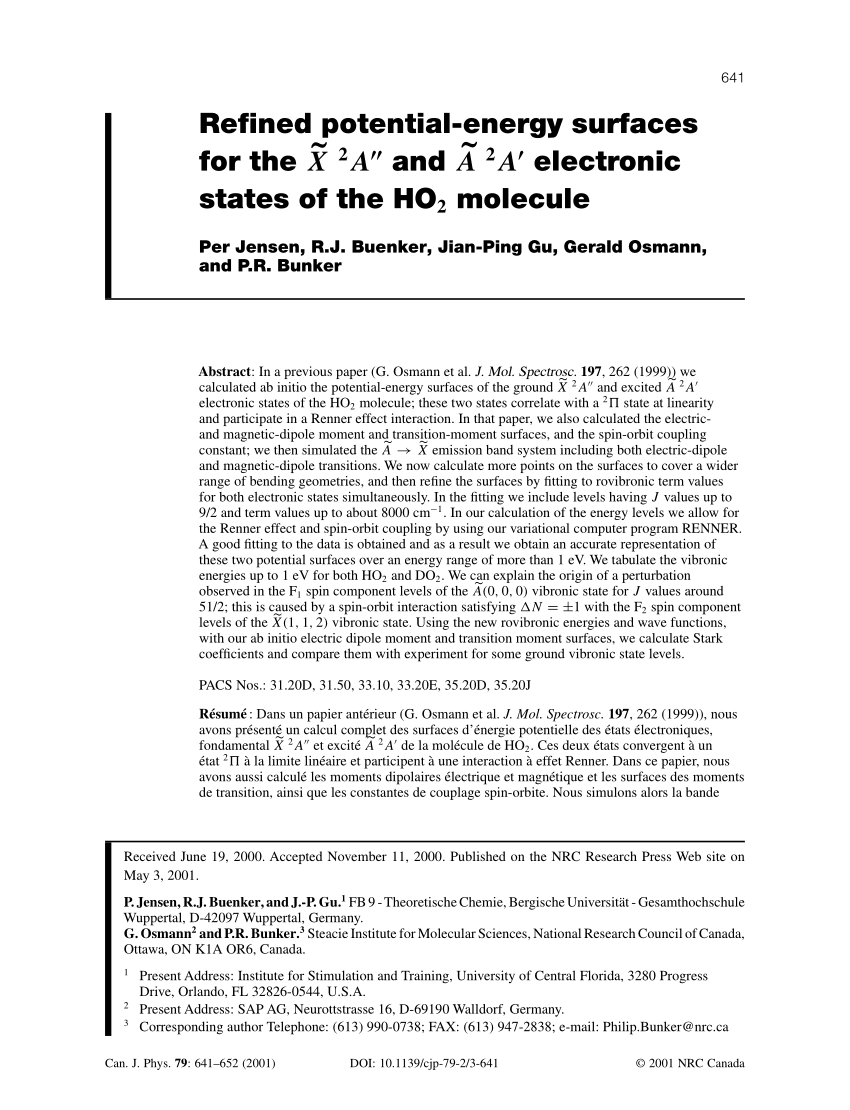 Pdf Refined Potential Energy Surfaces For The 2a And A 2a Electronic States Of The Ho2 Molecule