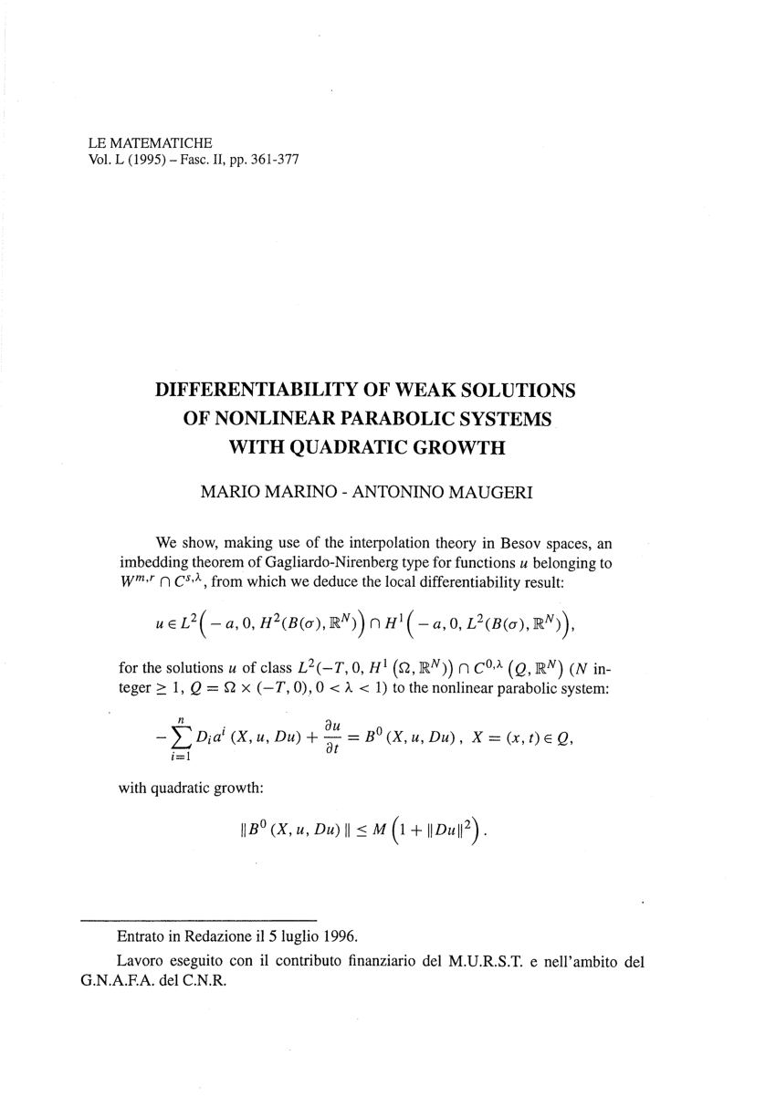 Pdf Differentiability Of Weak Solutions Of Nonlinear Parabolic Systems With Quadratic Growth
