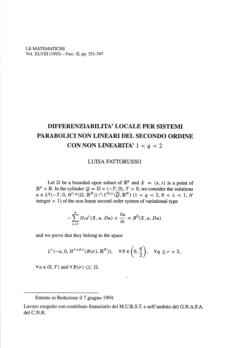 Pdf Differenziabilita Locale Per Sistemi Parabolici Non Lineari Del Secondo Ordine Con Non Linearita 1 Q 2