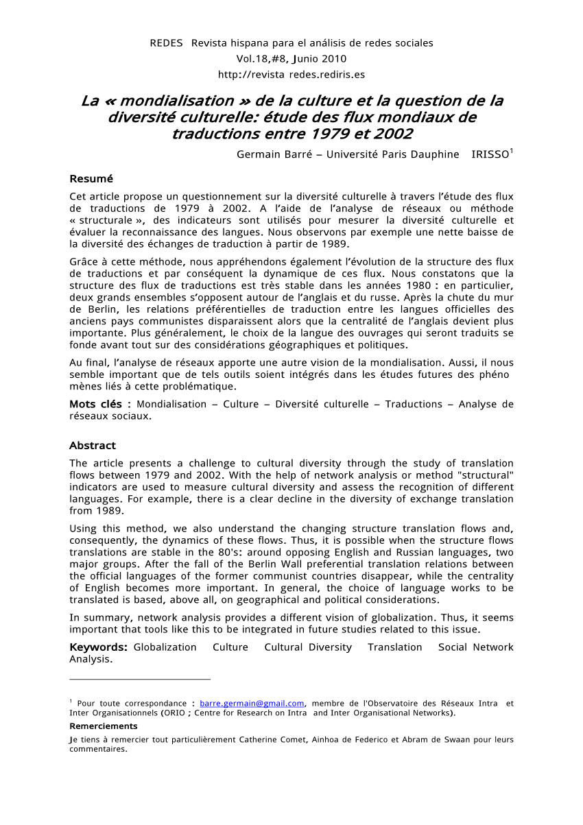 Pdf La Mondialisation De La Culture Et La Question De La Diversite Culturelle Etude Des Flux Mondiaux De Traductions Entre 1979 Et 02