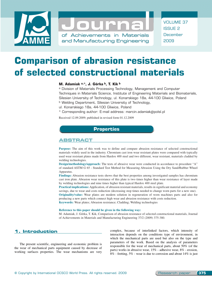 Pdf Comparison Of Abrasion Resistance Of Selected Constructional Materials