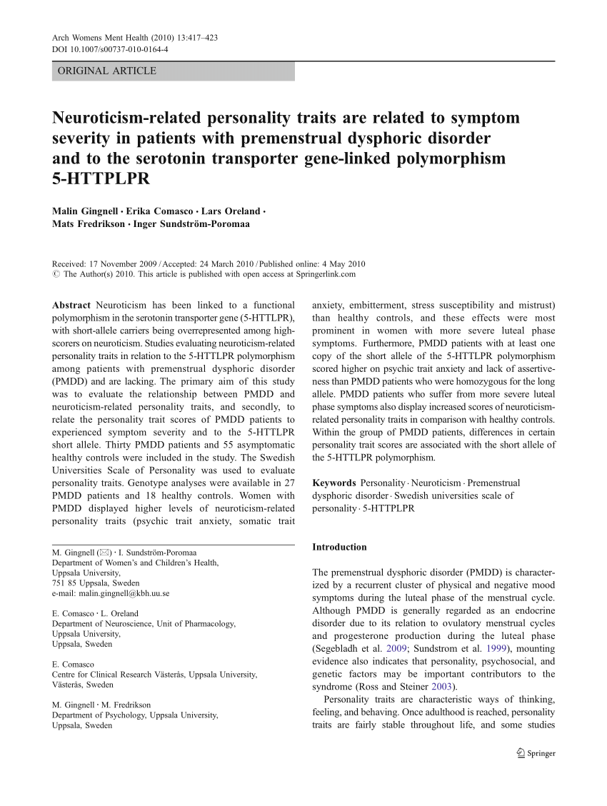 Pdf Sundstrom Poromaa I Neuroticism Related Personality Traits Are Related To Symptom Severity In Patients With Premenstrual Dysphoric Disorder And To The Serotonin Transporter Gene Linked Polymorphism 5 Httplpr