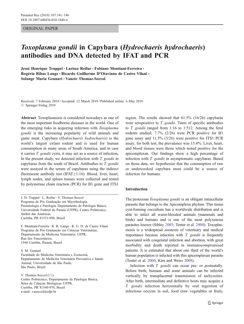 PDF Toxoplasma gondii in Capybara antibodies and DNA detected by  