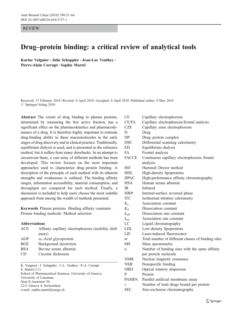 (PDF) Drugprotein binding A critical review of analytical tools