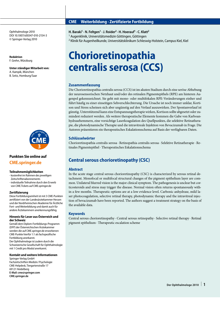 Pdf Central Serous Chorioretinopathy Csc
