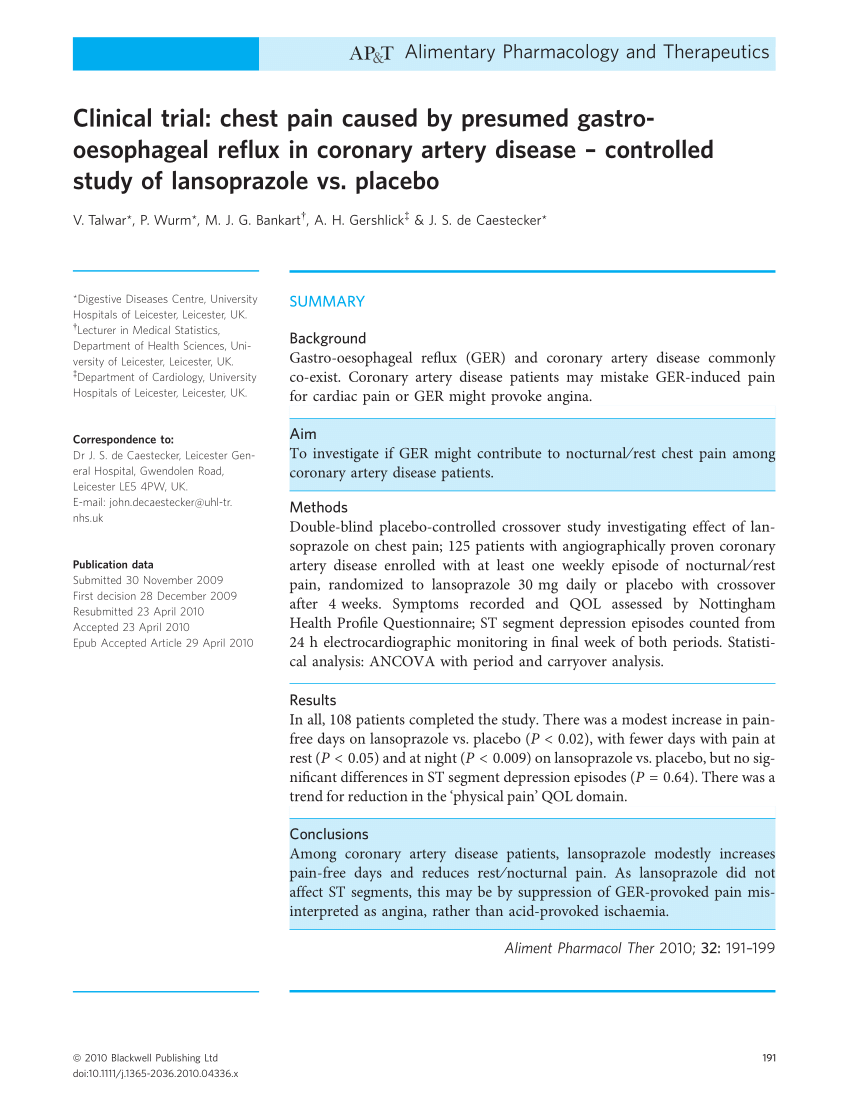 Pdf Clinical Trial Chest Pain Caused By Presumed Gastro Oesophageal Reflux In Coronary Artery Disease Controlled Study Of Lansoprazole Vs Placebo