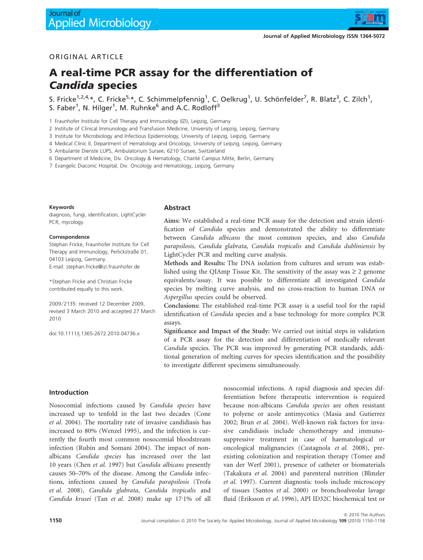 Pdf A Real Time Pcr Assay For The Differentiation Of Candida Species
