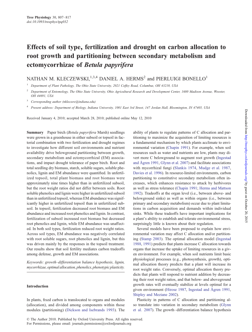 Pdf Effects Of Soil Type Fertilization And Drought On Carbon Allocation To Root Growth And Partitioning Between Secondary Metabolism And Ectomycorrhizae Of Betula Papyrifera