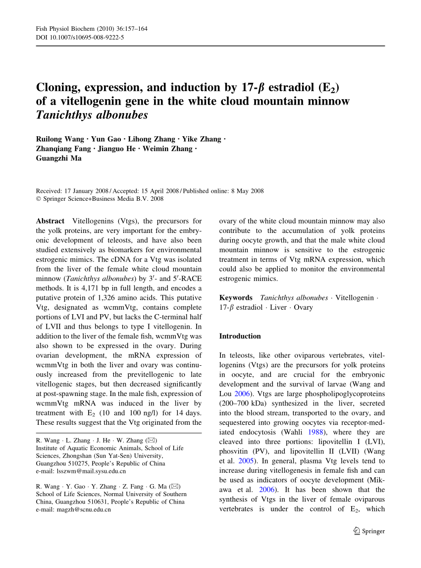 Pdf Cloning Expression And Induction By 17 B Estradiol E2 Of A Vitellogenin Gene In The White Cloud Mountain Minnow Tanichthys Albonubes