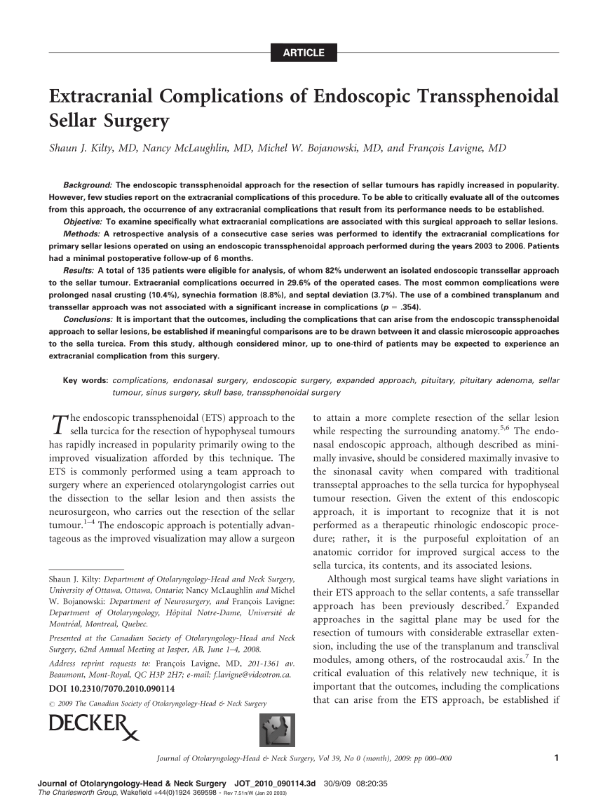 Pdf Extracranial Complications Of Endoscopic Transsphenoidal Sellar Surgery 