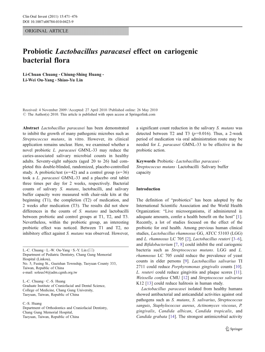 Pdf Probiotic Lactobacillus Paracasei Effect On Cariogenic Bacterial Flora