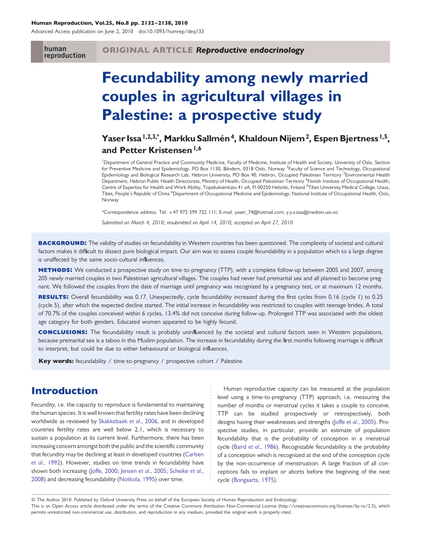 PDF) Fecundability among newly married couples in agricultural villages in  Palestine: A prospective study