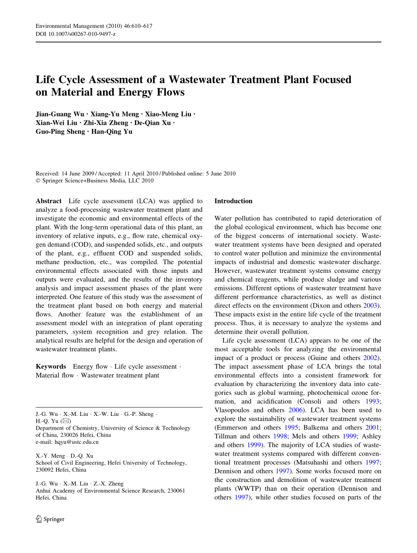 Pdf Life Cycle Assessment Of A Wastewater Treatment Plant Focused On Material And Energy Flows