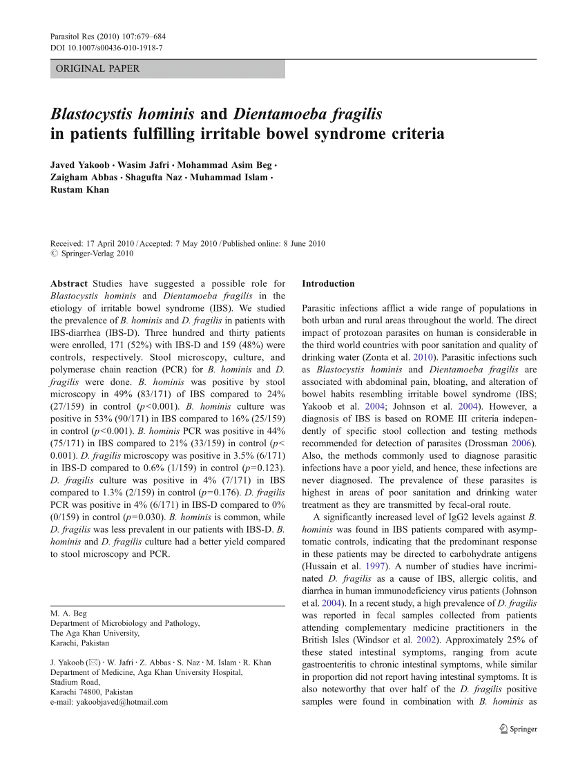 dientamoeba fragilis blastocystis hominis paraziták