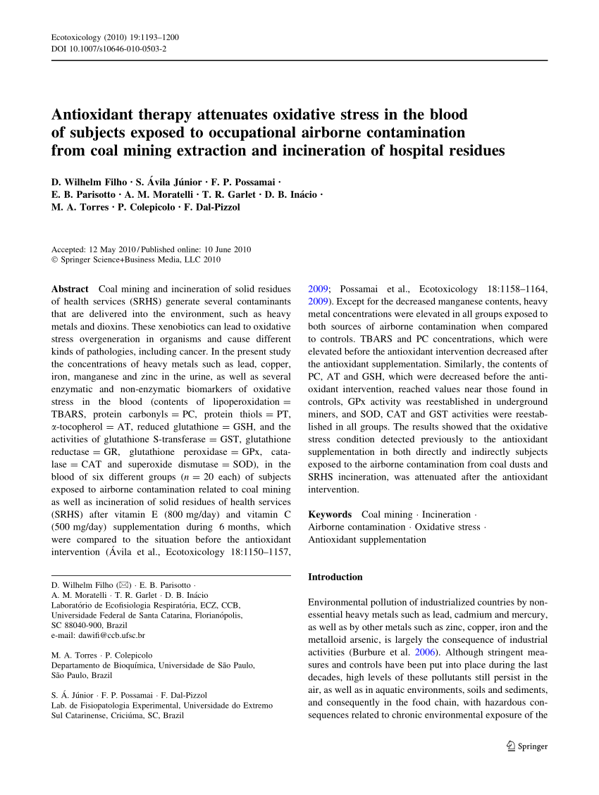 Pdf Antioxidant Therapy Attenuates Oxidative Stress In The Blood Of Subjects Exposed To Occupational Airborne Contamination From Coal Mining Extraction And Incineration Of Hospital Residues