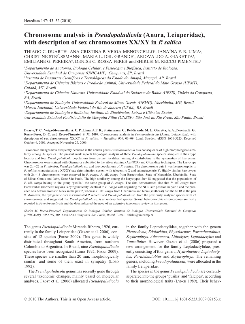 PDF) Chromosome analysis in Pseudopaludicola (Anura, Leiuperidae), with  description of sex chromosomes XX/XY in P. saltica