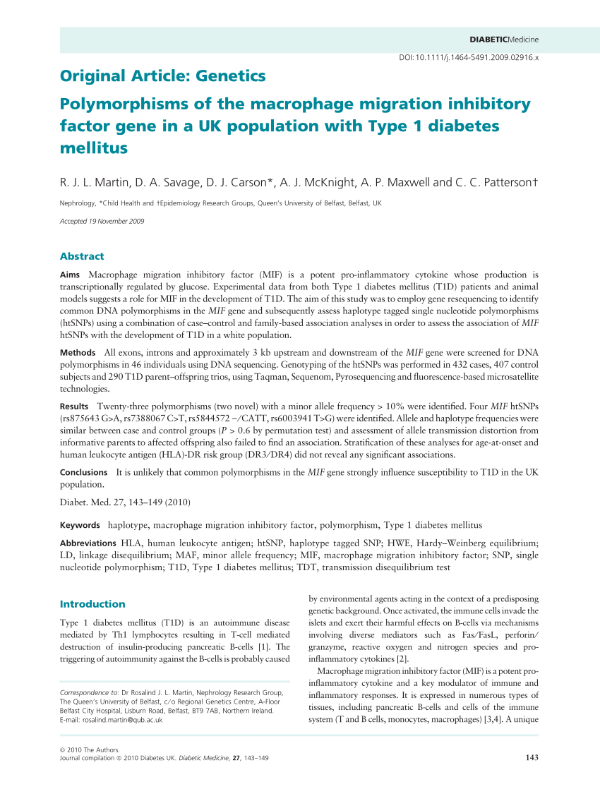 Pdf Polymorphisms Of The Macrophage Migration Inhibitory Factor Gene In A Uk Population With Type 1 Diabetes Mellitus