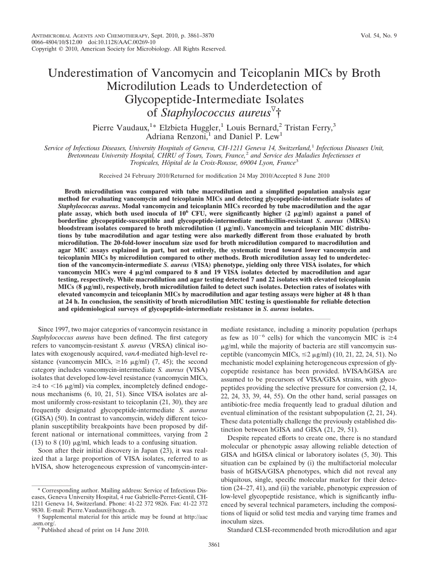 PDF) Underestimation of Vancomycin and Teicoplanin MICs by Broth ...
