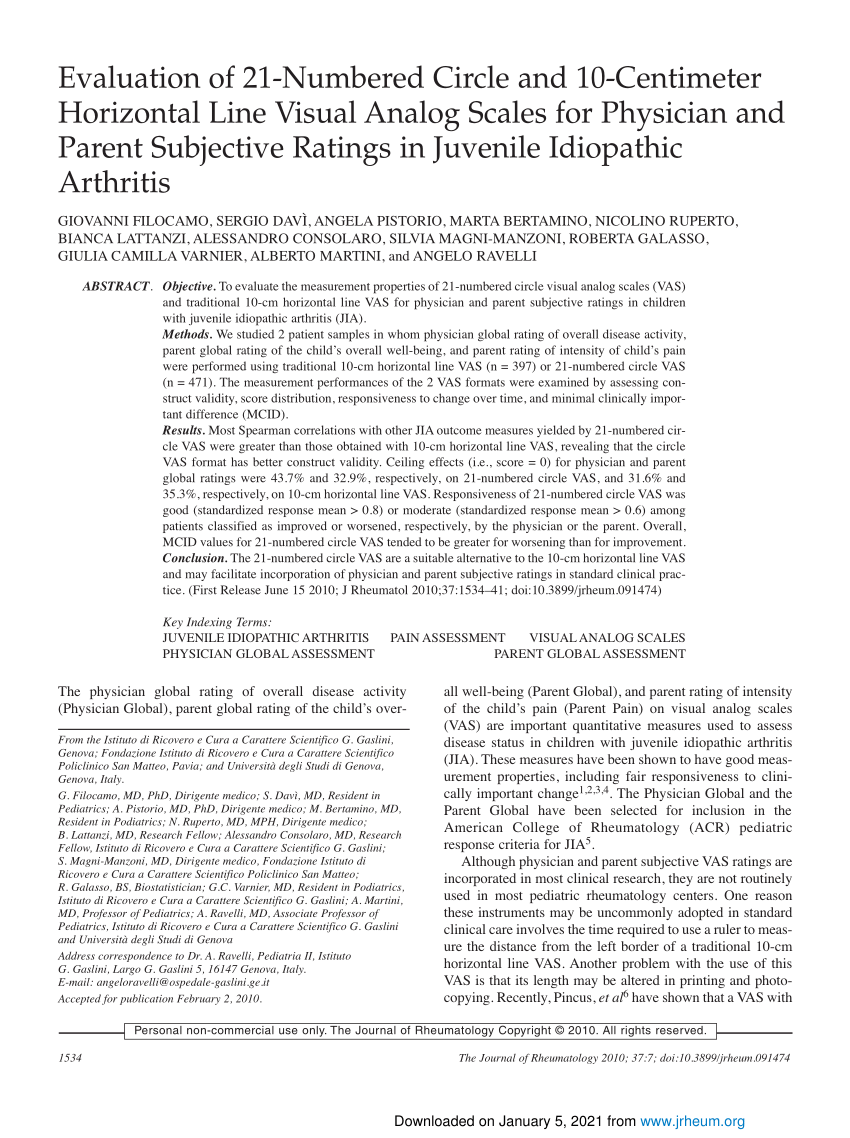 Evaluation of 21-Numbered Circle and 10-Centimeter Horizontal Line Visual Analog  Scales for Physician and Parent Subjective Ratings in Juvenile Idiopathic  Arthritis