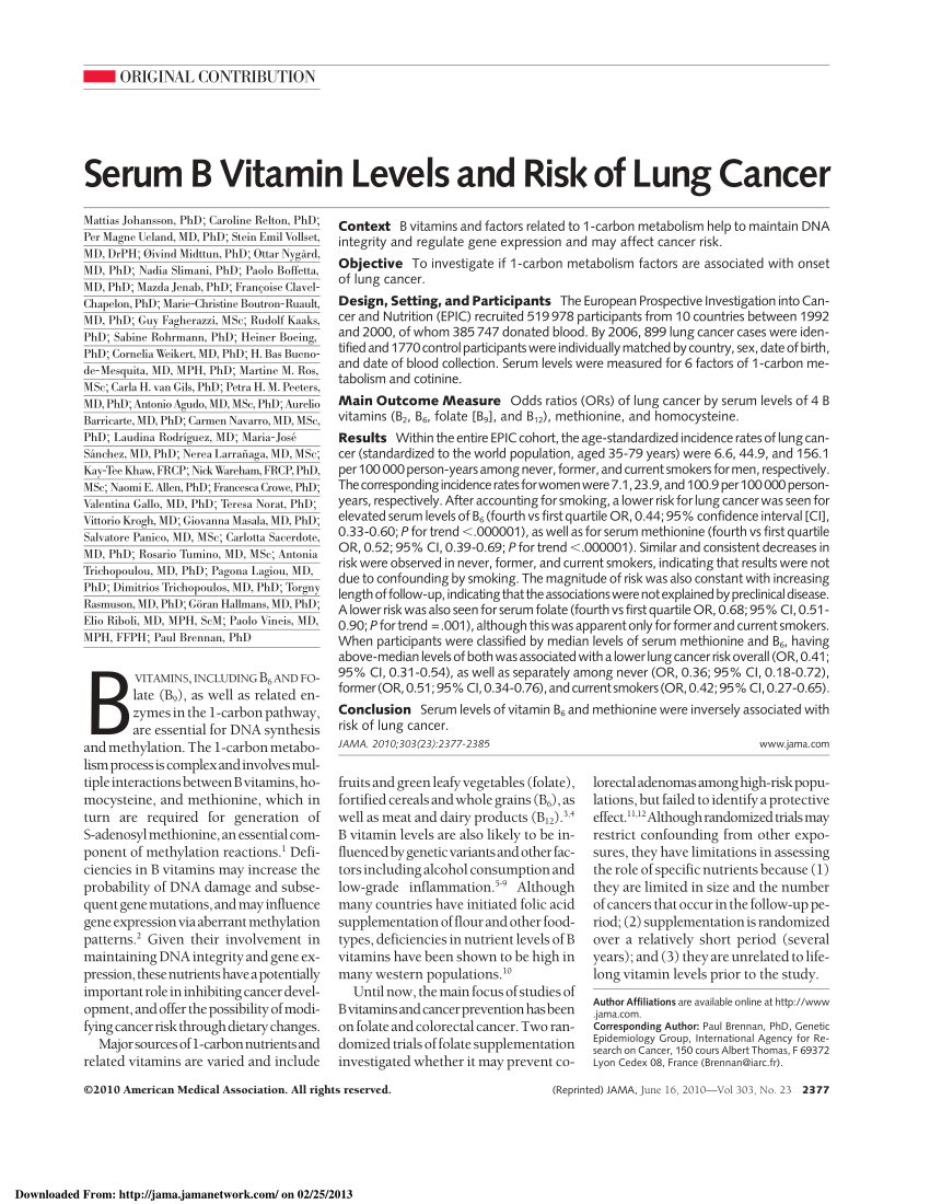PDF) Serum B Vitamin Levels and Risk of Lung Cancer