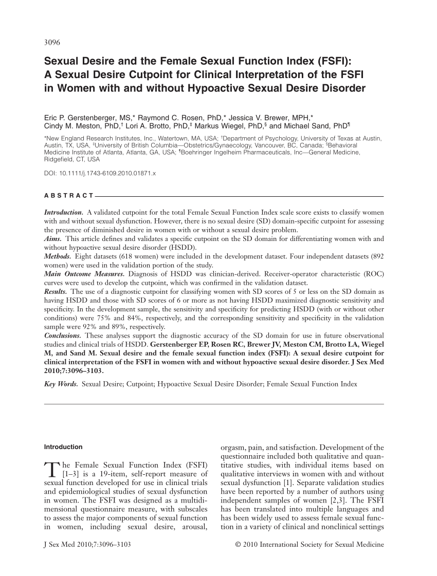 PDF) Sexual Desire and the Female Sexual Function Index (FSFI): A Sexual  Desire Cutpoint for Clinical Interpretation of the FSFI in Women with and  without Hypoactive Sexual Desire Disorder