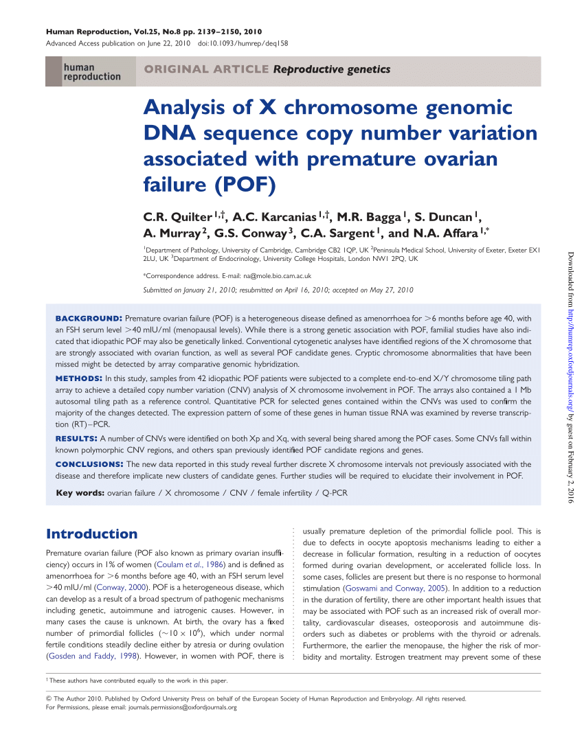 Pdf Analysis Of X Chromosome Genomic Dna Sequence Copy Number Variation Associated With Premature Ovarian Failure Pof