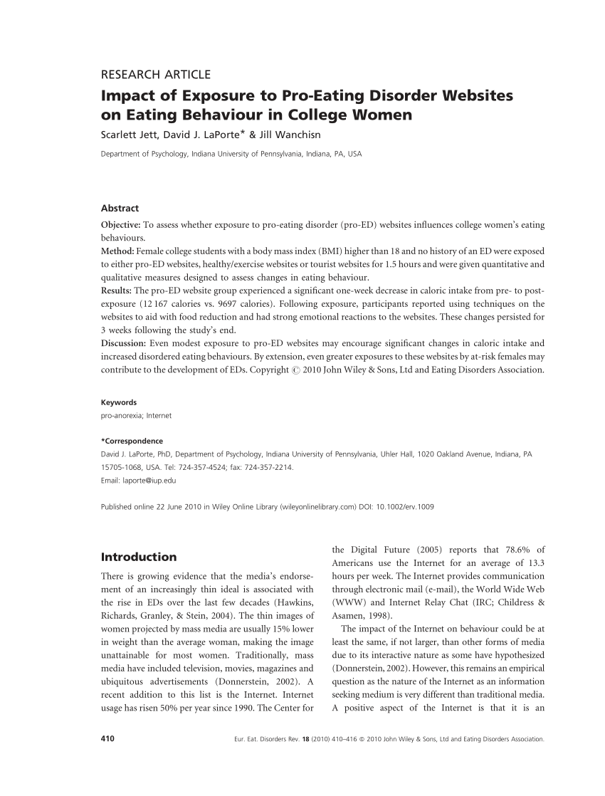 Pdf Impact Of Exposure To Pro Eating Disorder Websites On Eating Behaviour In College Women 