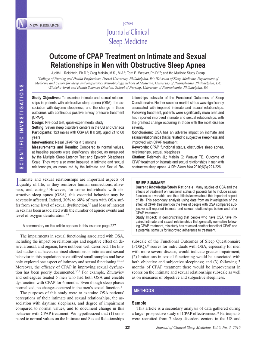 Pdf Outcome Of Cpap Treatment On Intimate And Sexual Relationships In Men With Obstructive 2560
