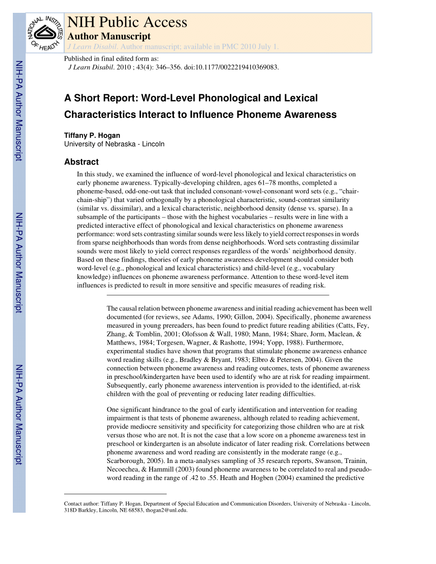 Pdf A Short Report Word Level Phonological And Lexical Characteristics Interact To Influence Phoneme Awareness