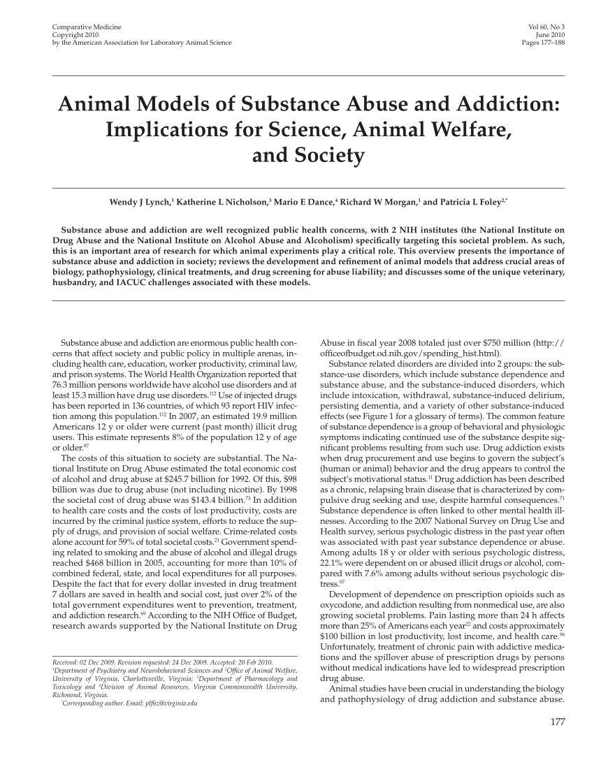 PDF) Animal Models of Substance Abuse and Addiction: Implications for  Science, Animal Welfare, and Society