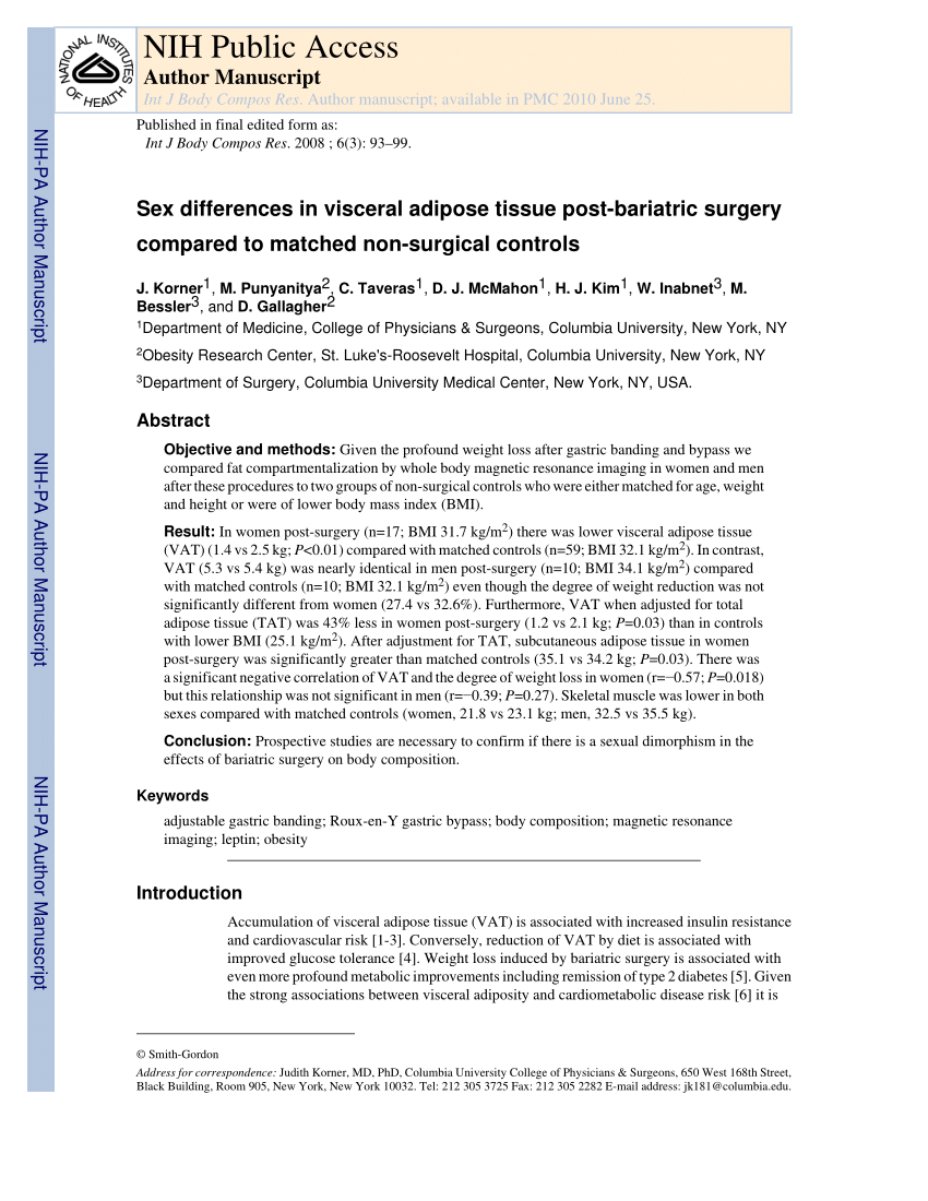 Pdf Sex Differences In Visceral Adipose Tissue Post Bariatric Surgery Compared To Matched Non 