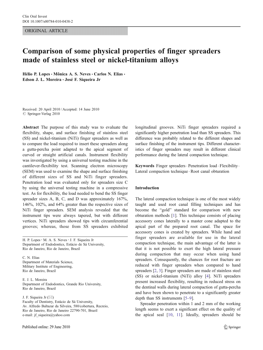 Pdf Comparison Of Some Physical Properties Of Finger Spreaders Made Of Stainless Steel Or Nickel Titanium Alloys