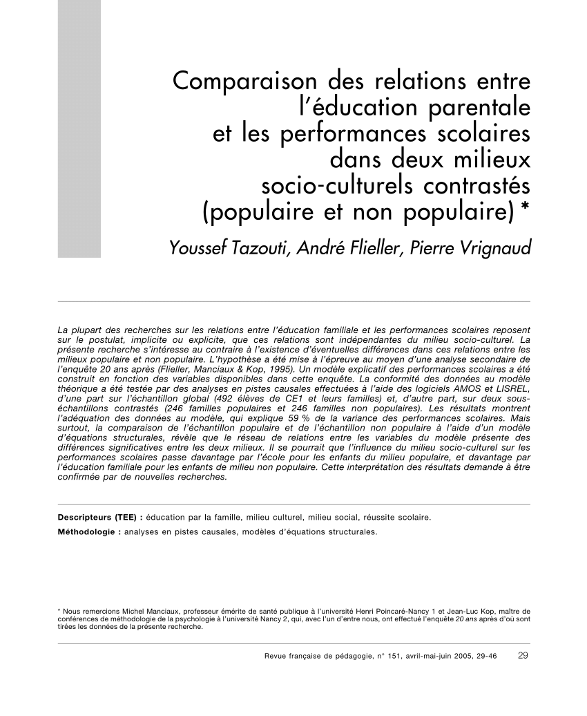 Pdf Comparaison Des Relations Entre L Education Parentale Et Les Performances Scolaires Dans Deux Milieux Socio Culturels Contrastes Populaire Et Non Populaire