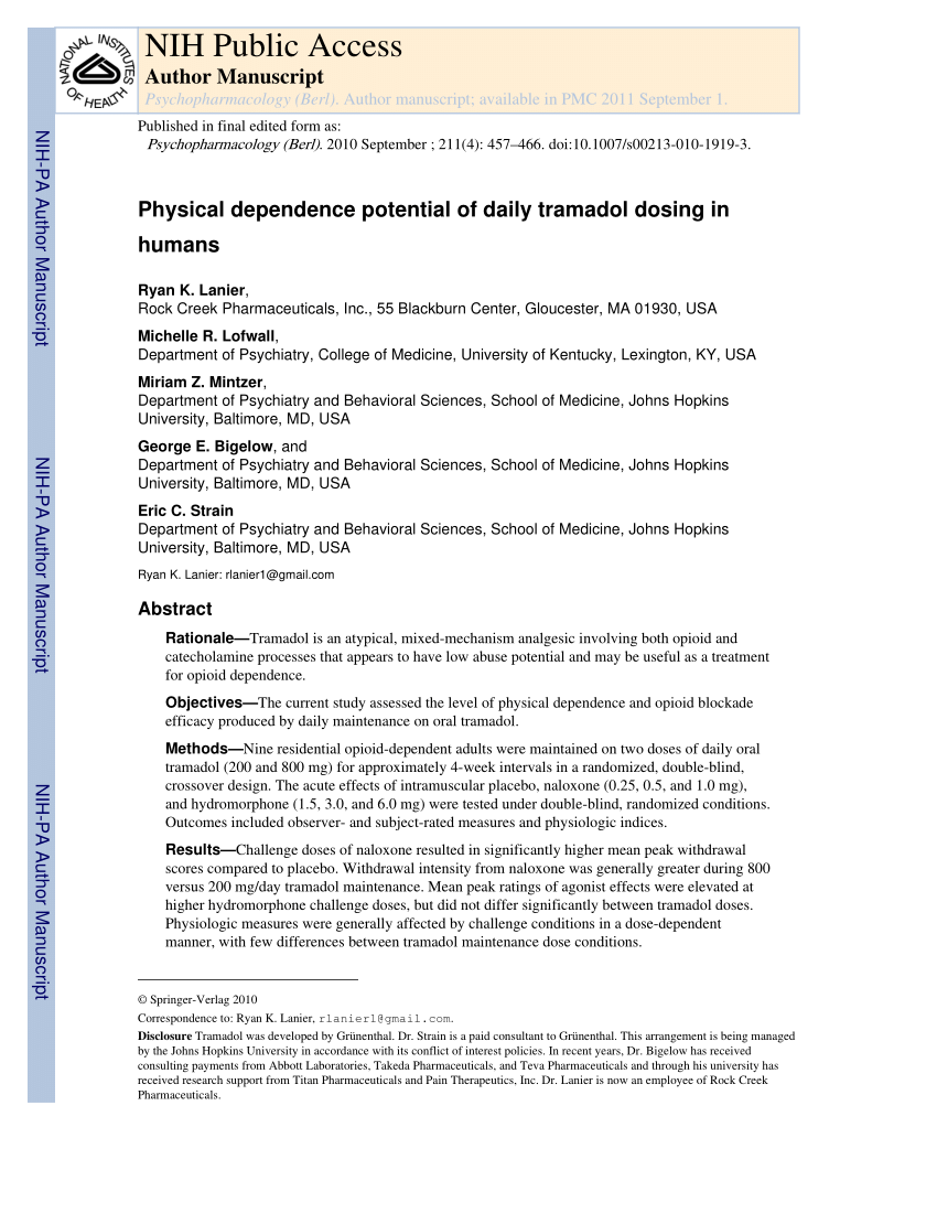 Pdf Physical Dependence Potential Of Daily Tramadol Dosing In Humans