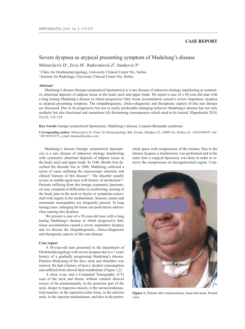 Pdf Severe Dyspnea As Atypical Presenting Symptom Of Madelungs Disease 