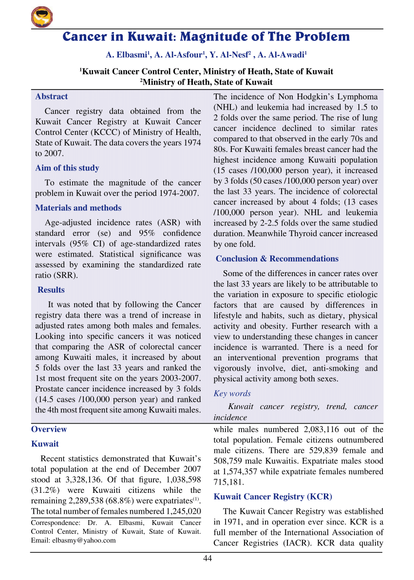 Pdf Cancer In Kuwait Magnitude Of The Problem